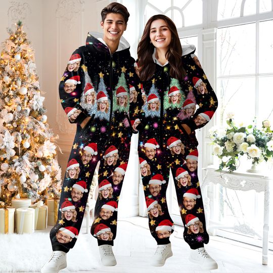 Custom Onesie Pajamas,Personalized Face Photo Flannel Fleece Pajamas,Christmas Pajamas,Hooded Onesie Jumpsuits,Christmas Gifts for Dad