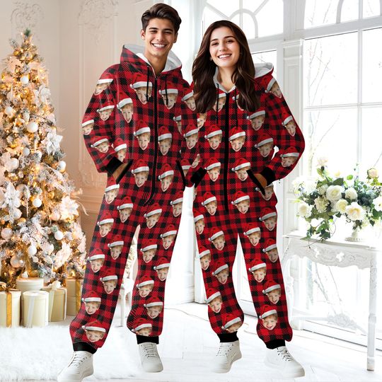 Custom Onesie Pajamas,Personalized Face Photo Flannel Fleece Pajamas,Christmas Pajamas,Hooded Onesie Jumpsuits,Christmas Gifts for Dad