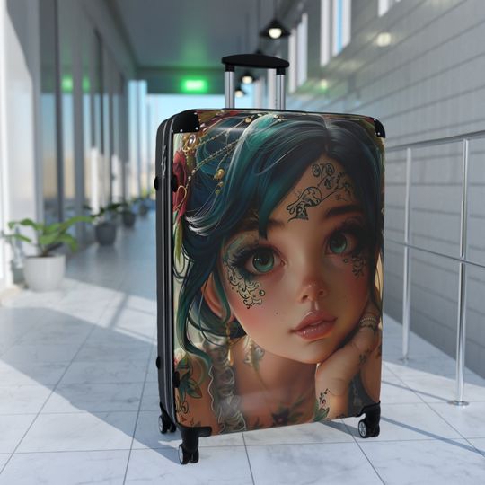 Adorable Anime Girl Suitcase | Anime Woman Carry-On Suitcase | Lightweight Durable Travel Companion | Tattoo Girl Travel Luggage