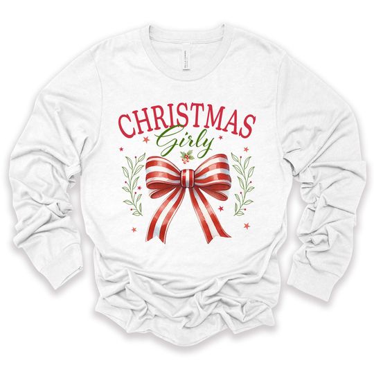 Christmas Long Sleeve, Christmas Girly, Peppermint Striped Bow, Coquette Design, premium unisex long sleeve tee, 3x plus size long sleeve