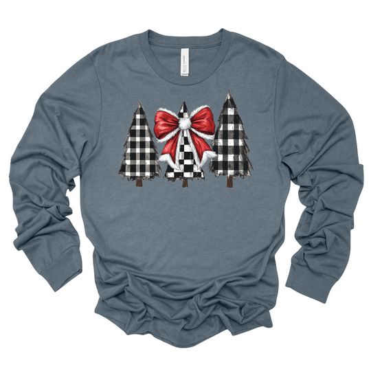 Christmas Long Sleeve, Black & White Plaid Christmas Trees, Santa Ribbon Design, premium unisex long sleeve tee, 3x plus size long sleeve