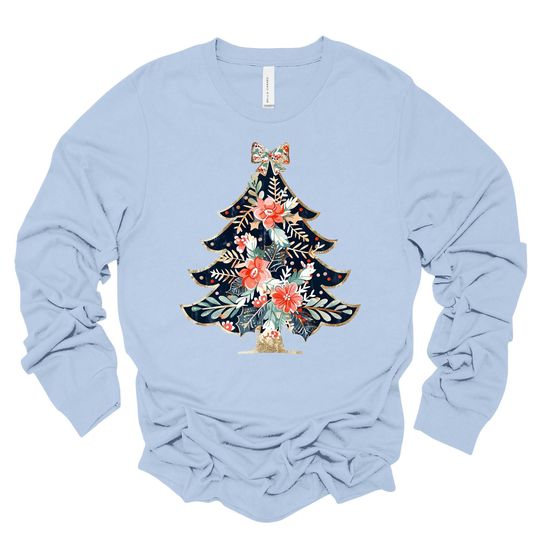 Christmas Long Sleeve, Preppy Floral Christmas Tree, Christmas Tree & Bow Design, premium unisex long sleeve tee, 3x plus size long sleeve