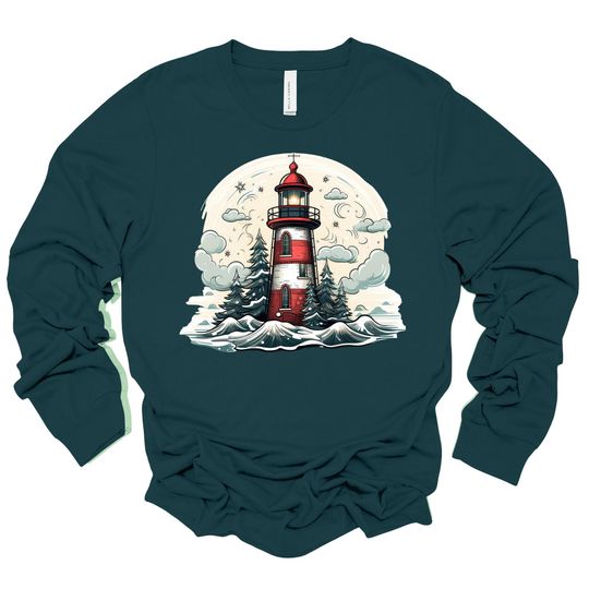 Christmas Long Sleeve, Lovely Christmas Lighthouse, Lighthouse at Christmas Design, premium unisex long sleeve tee, 3x plus size long sleeve