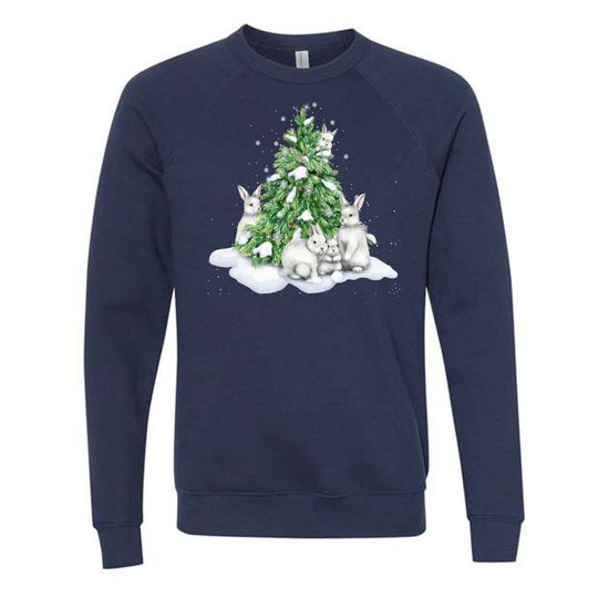 Winter Sweatshirt, Beautiful Rabbits and Snowy Tree, Rabbits Design, Unisex Sponge Fleece Raglan Crewneck Bella + Canvas, Winter Sweatshirt