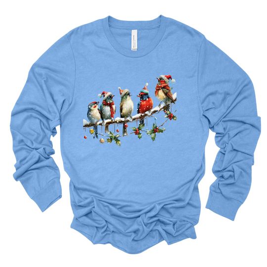 Christmas Long Sleeve, Beautiful Christmas Birds on Limb, Bird & Santa Hats Design, premium unisex long sleeve tee, 3x plus size long sleeve