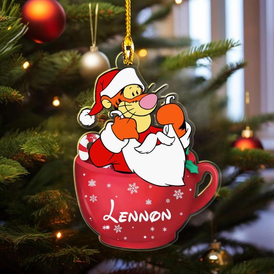 Personalized Tigger Tea Cup Christmas Ornament, Cute Tigger Christmas Tree Decor, Pooh Cartoon Character Xmas Party Gift For Kid