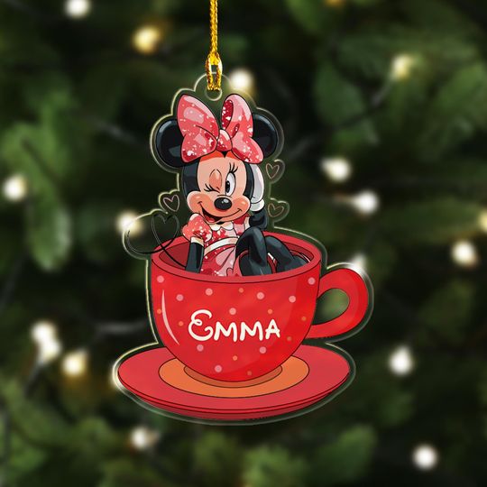Personalized Minnie Mouse Tea Cup Christmas Ornament, Minnie Mouse Xmas Ceramic Ornament, Customized Christmas Tree Decor Gift For Kid