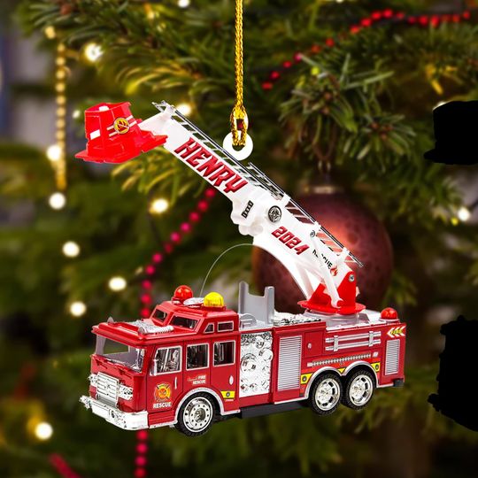 Personalized Fire Truck Christmas Ornament, Trucker Christmas Light Ornament, Customized Christmas Tree Decor Gift For Firefighter