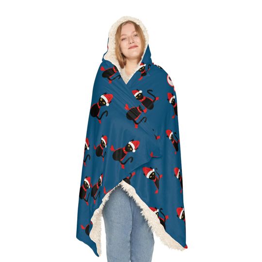 Black Cat Christmas Hooded Blanket for Catlover, Christmas Gift Holiday Blanket, Sherpa or Fleece