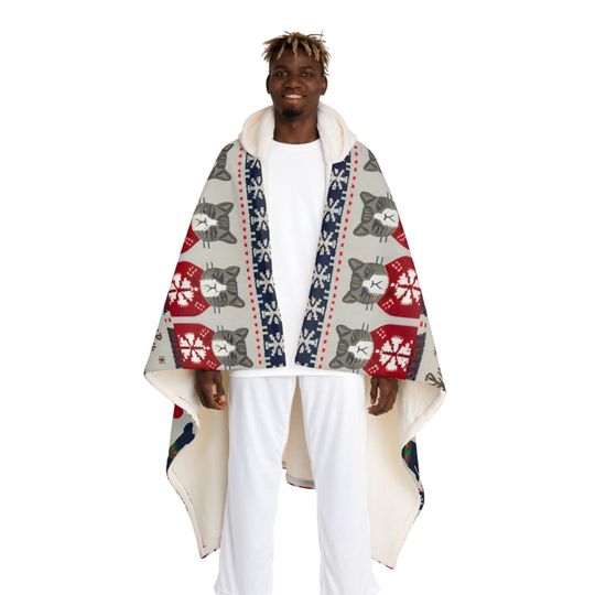 Nordic Christmas Cats Dogs Pattern Hooded Blanket, Pet Friendly Holiday Decor, Winter Lap Throw, Cozy Festive, Hooded Sherpa Fleece Blanket