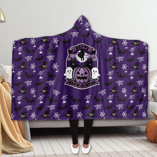 Happy Meow-o-ween Hooded Blanket, Halloween Blanket, Gift for Him, Gift for Her, Cat