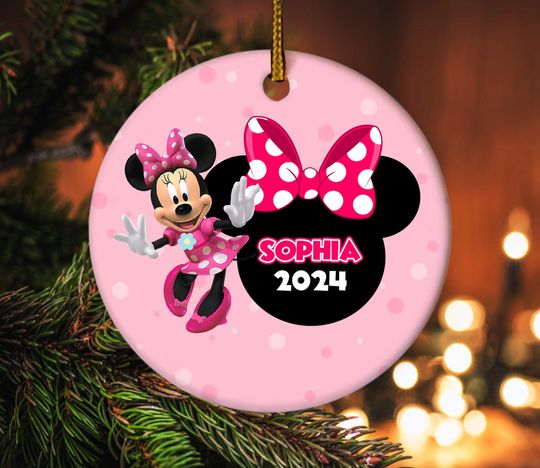 Personalized Ornament Female Mouse, Mouse And A Pink Bow Magic Kingdom Ornament, Customized Christmas Tree Decor Gift For Kid