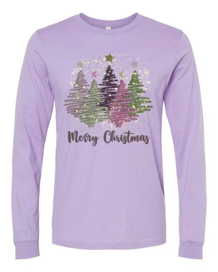 Christmas Long Sleeve, Zig Zag Printed Christmas Trees, Merry Christmas, Faux Glitter, Plus Size Available, Bella Canvas Long Sleeve Unisex