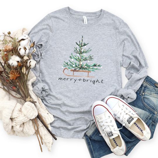 Christmas Shirts for Women, Merry and Bright Shirt, Christmas Long Sleeve Shirt, Christmas Tree Shirt, Holiday Shirts, Winter Shirt