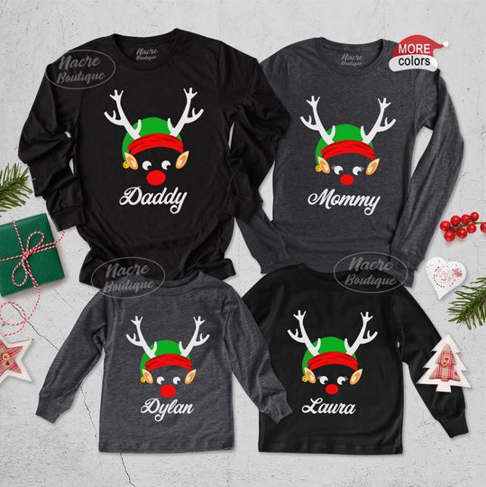 Christmas Long Sleeve Shirt, Reindeer Shirt, Family Elf Shirt, Christmas Holiday Shirt, Rudolph Face Shirt, Matching Family Holiday Tee