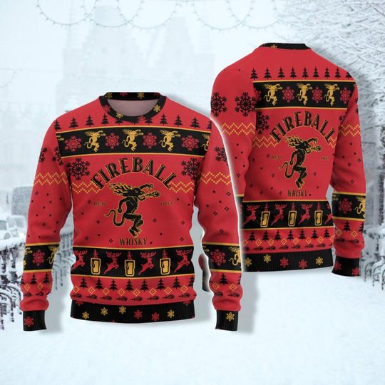 Christmas Fireball 3D Christmas Sweater, Fireball Whisky Sweater, Whisky Ugly Sweater Party, Mens Drinking Shirt, New Year Xmas Shirt