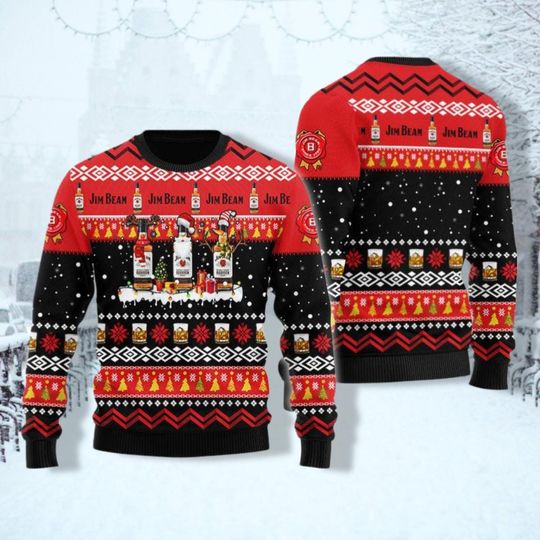 Jim Beam Christmas Ugly Sweater, Whiskey 3D Ugly Sweater Party, Holiday Woman Sweater, Whiskey Lover Gift, Family Christmas Sweater