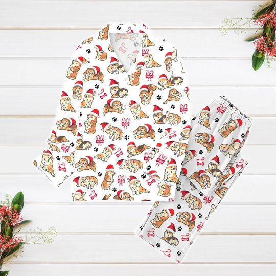 Corgi Christmas Pajamas Set, Corgi Santa Women Pajamas, Dog Owner Xmas Pajamas, Pets Lover Holiday Pajamas, Dog Mom Gift