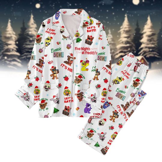 Five Nights At Freddy's Chirtmas Pajamas, Freddy Fazbear Santa Hat Pj Set, Horror Character Pj Set Pants, Xmas Long Sleeve Pajamas Fami