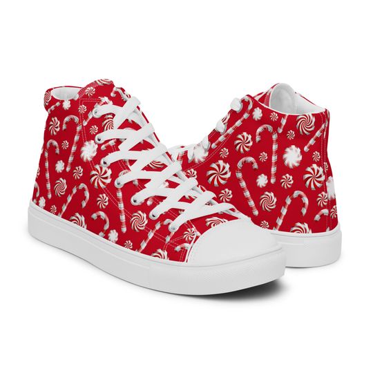Women's Red Cute Christmas Sneakers, Peppermint Sneakers, Christmas Sneakers, Holiday Shoes