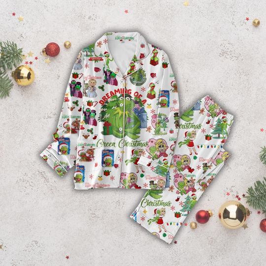 K the frog Holiday Pajamas, Dreaming Of A Green Christmas Pajamas Set, Funny Green Frog Matching Pajamas Set, Pajamas For Party