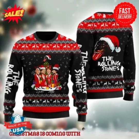 Rolling Stones Caricatures And Santa Monkey Funny Christmas Ugly Sweater 2024