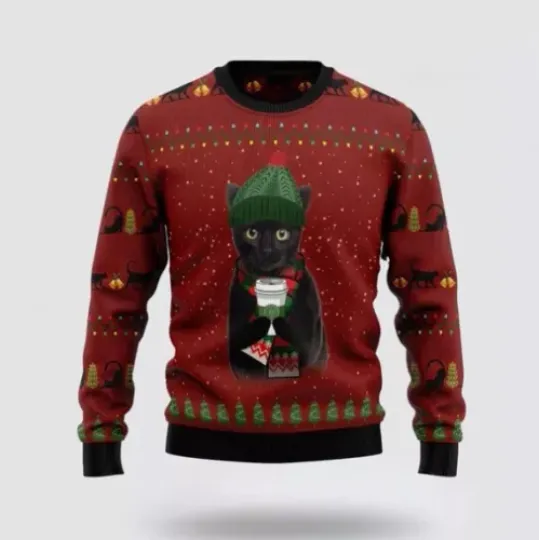 Black Cat Coffee Ugly Christmas Sweater, Christmas Unisex Sweat