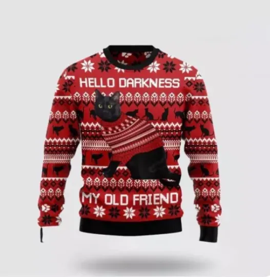 Black Cat Hello Darkness My Old Friend Ugly Christmas Sweater