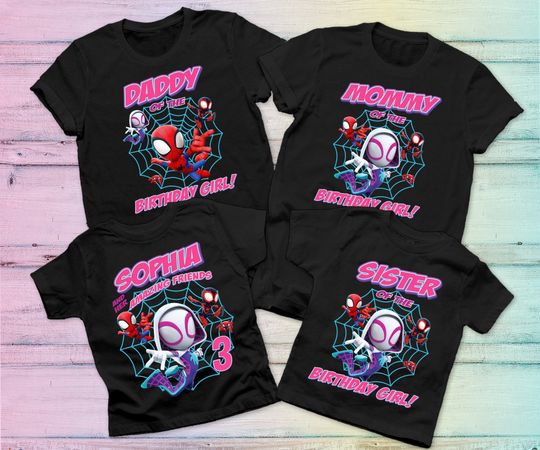Spiderman Birthday Shirt, Ghost Spider and her Amazing Friends Tshirt, Spiderman Family, Personalized Birthday shirt, Girls Birthday Shirt,