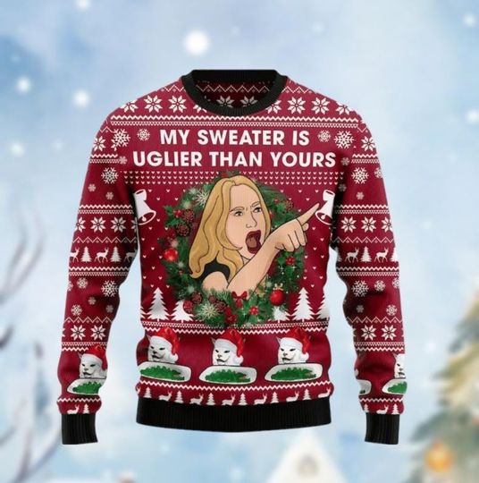 Christmas Cat Woman Meme Ugly Sweater, My Sweater Uglier Than Yours Shirt, Funny Meme Xmas Sweater, Cat Santa Woman Sweater, Funny Gift