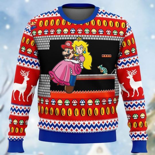 Christmas Mario And Princess Peach Ugly Sweater, Bowser's Castle Holiday Sweater, Super Mario Funny Sweater, Retro Video Game Merch