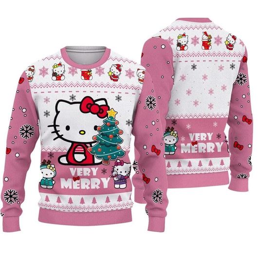 Hello Kitty Very Merry Christmas Ugly Sweater, Hello Kitty Ugly Xmas Holiday Sweater, Christmas 3D Print Ugly Sweater, Christmas Gifts
