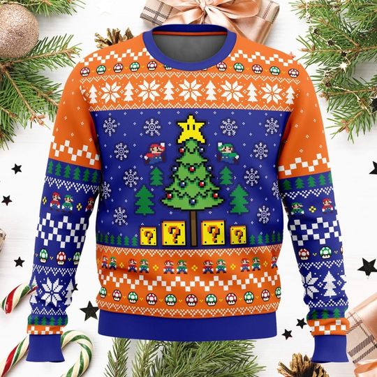 Super Mario Christmas Tree Ugly Sweater, Mario Luigi Jumping Sweater, Video Game Xmas Sweater, Mario Fan Merch Shirt, Xmas Gift