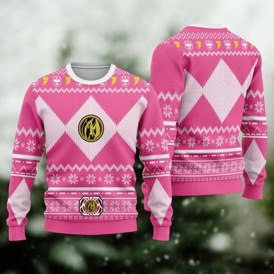 Merry Christmas Unisex Christmas Sweater, Pink Power Ranger Ugly Christmas Sweater, Mighty Morphin Sweater Men, Superhero Christmas Shi