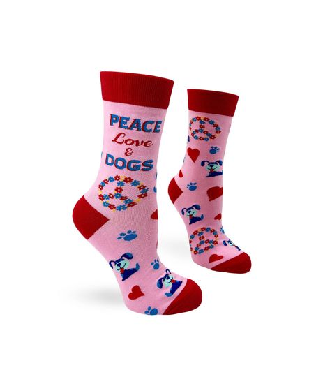 Peace Love and Dogs Women's Crew Socks | Perfect Gift for Dog Lover | Cute Dog Socks | Paw Prints, Hearts, Peace Signs | Gift for Dog Mom
