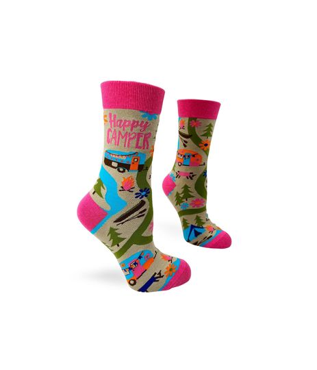 Happy Camper Women's Crew Socks | Feel Good Gift | Inspirational Travel, Hiking, Camping | Positive Affirmations
