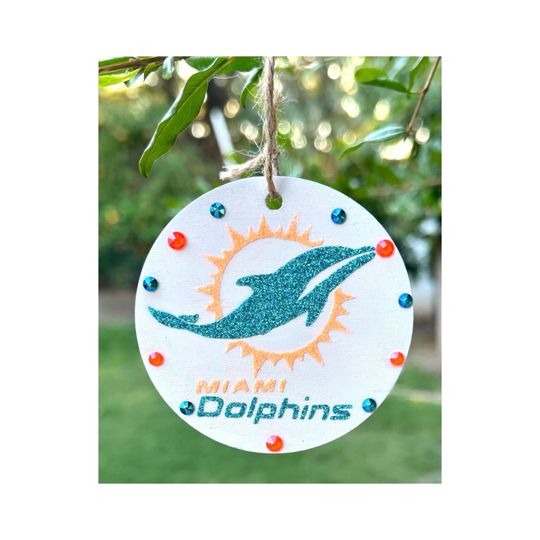 Miami Dolphins Swarovski Crystal and Wood Christmas Ornament, football Christmas Ornament, Personalized Gifts, Home Decor