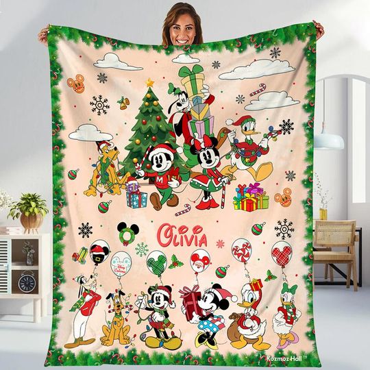 Personalized Mickey And Friends Santa Christmas Blanket, Custom Name Christmas Blanket, Magic Kingdom Blanket, Disneyland Blanket