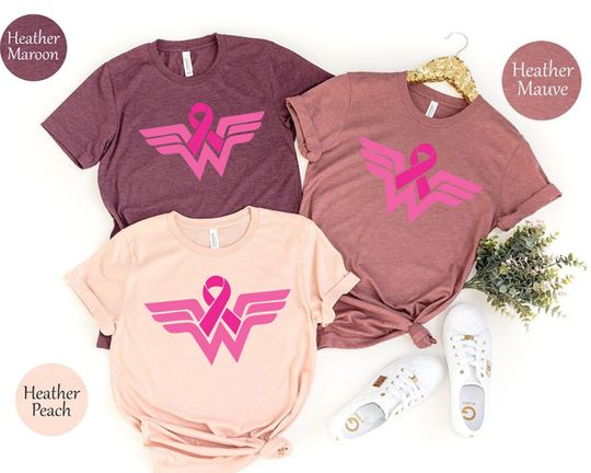 Breast Cancer Shirt, Wonder Woman with Pink Ribbon Tee, Warrior, Survivor, Cancer Awareness Shirt,Fighter Support Team Shirt, Support Squad