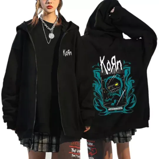 Korn Hip Hop Vintage World Tour Inspired Metal Gothic Zipper Zip-up Hoodie