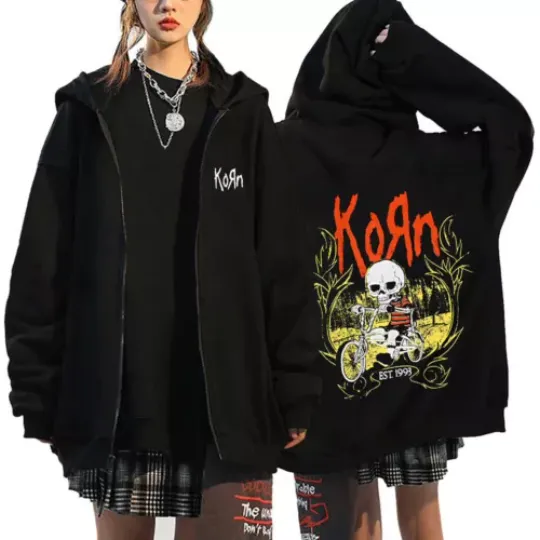 Korn Hip Hop Vintage World Tour Inspired Metal Gothic Zipper Zip-up Hoodie