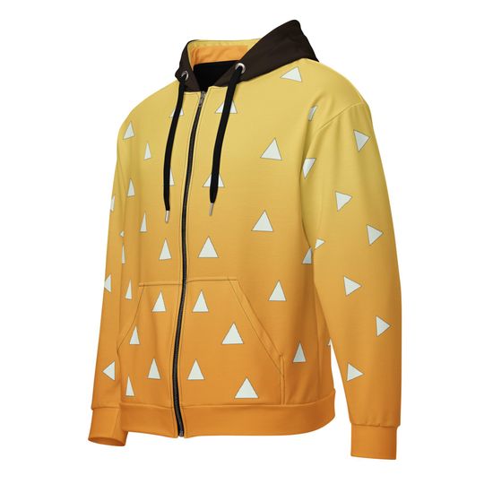 zenittsu Zip Up Hoodie, demon Anime Fan Zipper Jacket Agatsuma Pattern Haori Cosplay Winter Christmas Gift Thunder Breathing Clothing