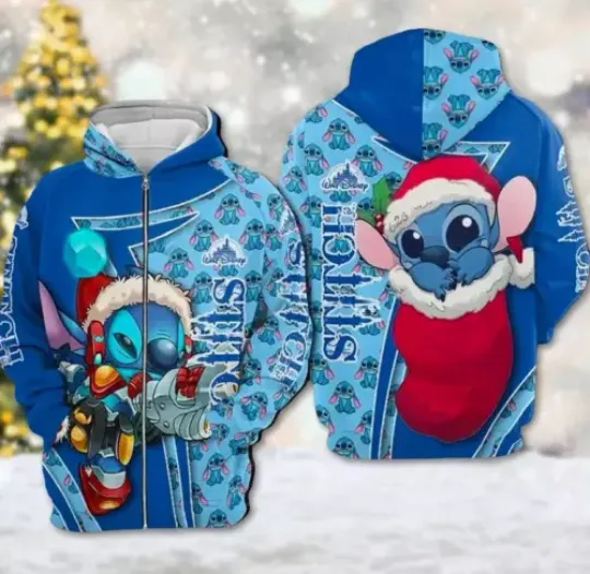 Merry Christmas Hoodie, Stitch Xmas Party 3D Zip Hoodie, Xmas Gift,Unisex Hoodie