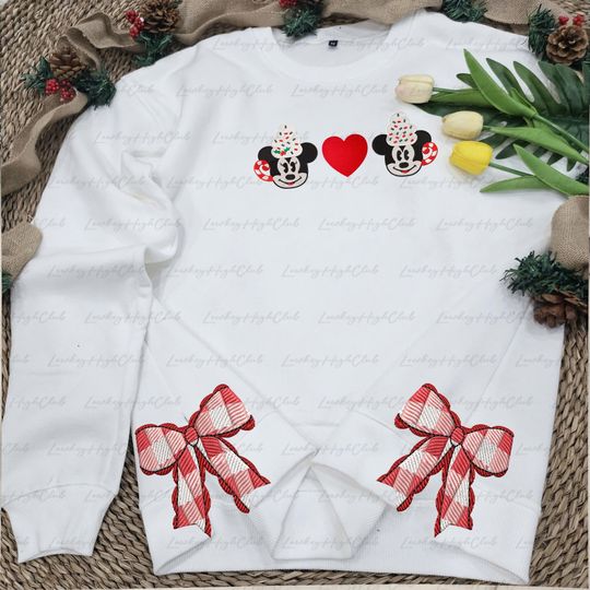 Side Bow Applique WDW Christmas Sweatshirt, Minnie Mickey Holidays Applique, Disney Couple Embroidery Hoodie, Disney Bow Appliqu Sweater