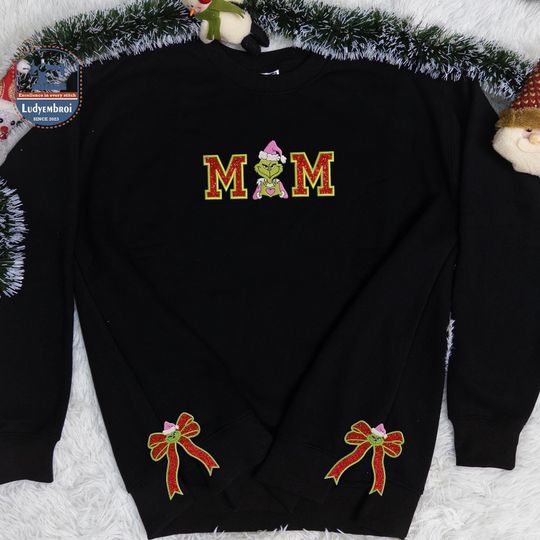 Side Bow Appliqu Hoodie, Green Monster Mom Christmas Embroidered Bow Sweatshirt, Christmas Bow Sweatshirt, Glitter Christmas Sweatshirt