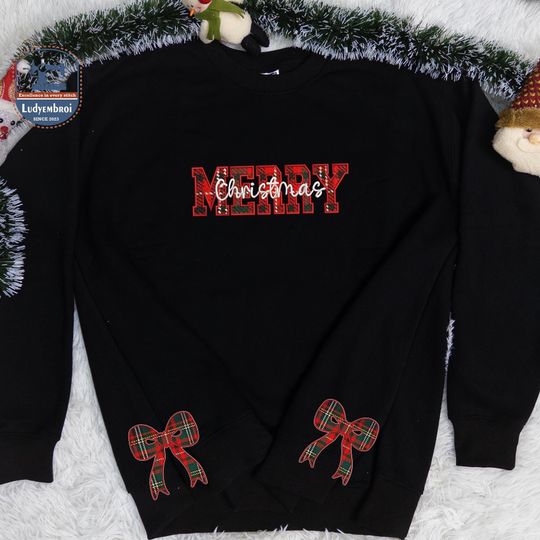 Christmas Caro Pattern Appliqu Embroidered Sweatshirt, Merry Christmas Appliqu Style Sweaters, Bow Side Cut Sweaters, Christmas Gift