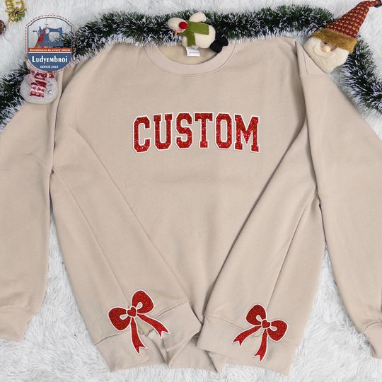 Custom Text Glitter Appliqu Embroidered Sweatshirt, Custom Appliqu Style Embroidered Sweaters, Bow Side Cut Sweaters, Christmas Gift