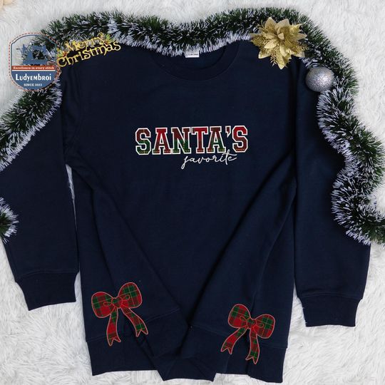 Santa's Favorite Appliqu Style Embroidered Sweaters, Bow Side Cut Sweaters, Bow Appliqu Side Cut Jumper, Christmas Gift