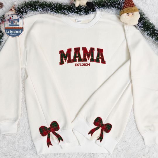 Mama Appliqu Style Embroidered Sweaters, Custom Text Bow Side Cut Sweaters, Mama Caro Pattern Appliqu Embroidered Hoodie, Christmas Gift