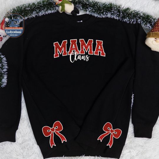 Custom Text Bow Side Cut Sweaters, Mama Clause Appliqu Style Embroidered Sweaters, Mama Mimi Custom Text Glitter Pattern Appliqu Hoodie
